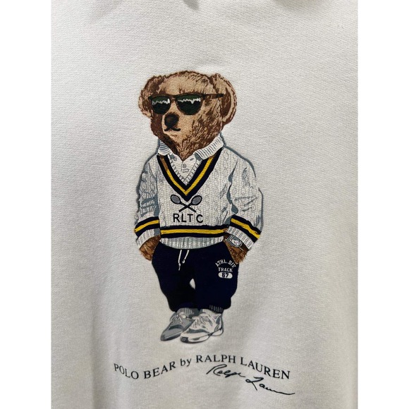 Polo Ralph Lauren Mens Polo Bear Tennis Graphic Hoodie White Sweatshirt Medium